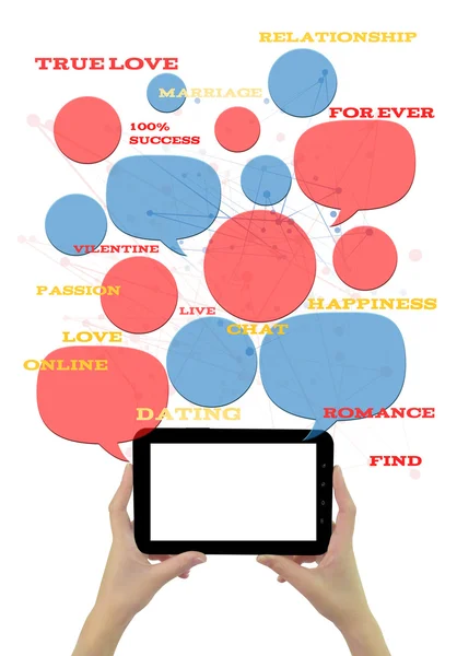 Online dating site şablonunu temel tablet ile üzerine beyaz izole metin — Stok fotoğraf