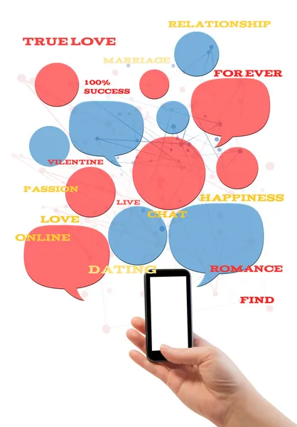 Online dating site şablonu üzerinde beyaz izole metin ile Smartphone — Stok fotoğraf