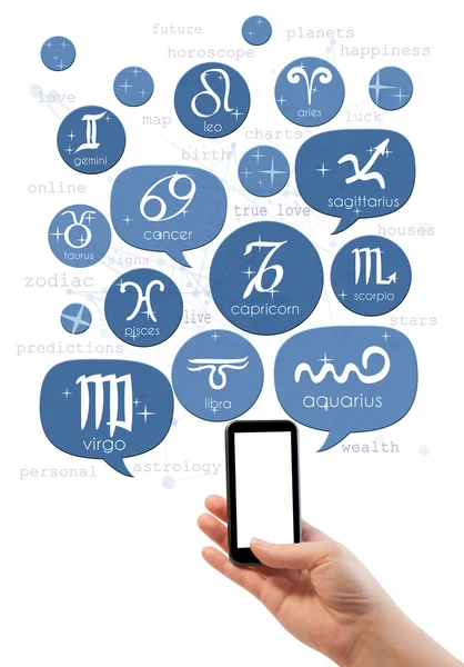 Ręka trzyma smartphone z szablonu witryny online Astrologia — Zdjęcie stockowe