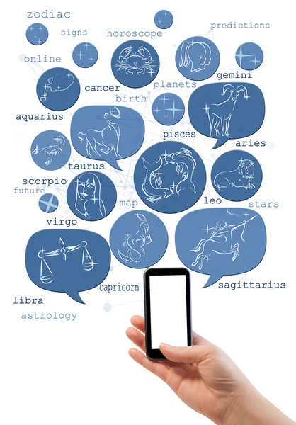 Hand som håller smartphone med online astrologi mall — Stockfoto