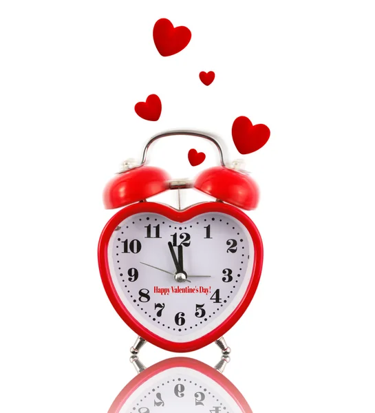 Reloj despertador en forma de corazón sonando con corazones aislados en blanco —  Fotos de Stock