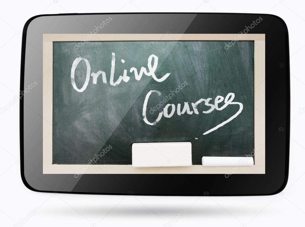 Blackboard inside computer tablet with Online Courses chalk text