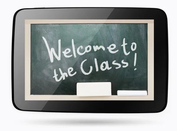 Blackboard binnen computer tablet met Welkom bij de klasse — Stockfoto