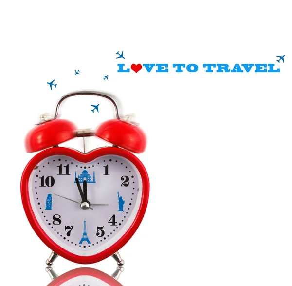 Love to travel! Heart clock with landmarks isolated — Stock Photo, Image