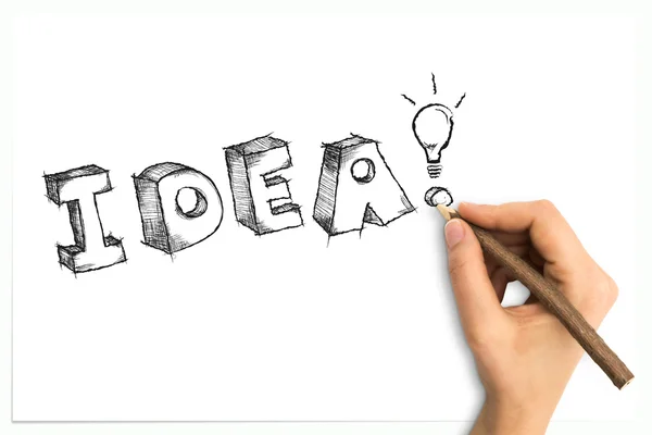 Hand drawing sketchy Idea word with light bulb on white sheet of paper — Stock Photo, Image