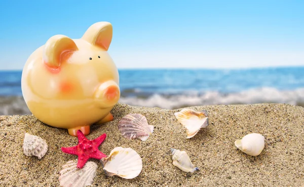 Banco porquinho na areia com fundo do mar de verão — Fotografia de Stock