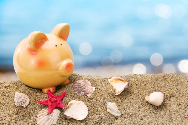 Banco porquinho na areia com fundo do mar de verão — Fotografia de Stock