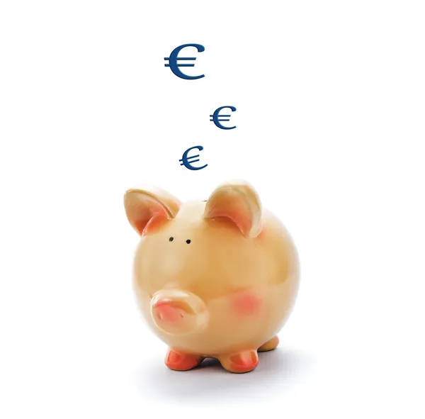 Piggy bank with euro signs above isolated on white — Stock Photo, Image