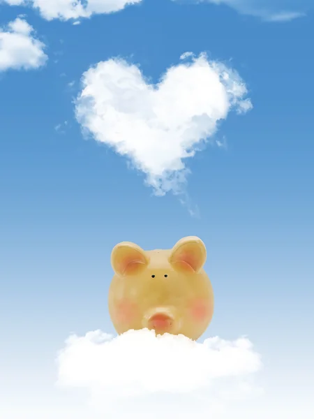 储钱罐与心形状的云和蓝色天空的云上 — 图库照片