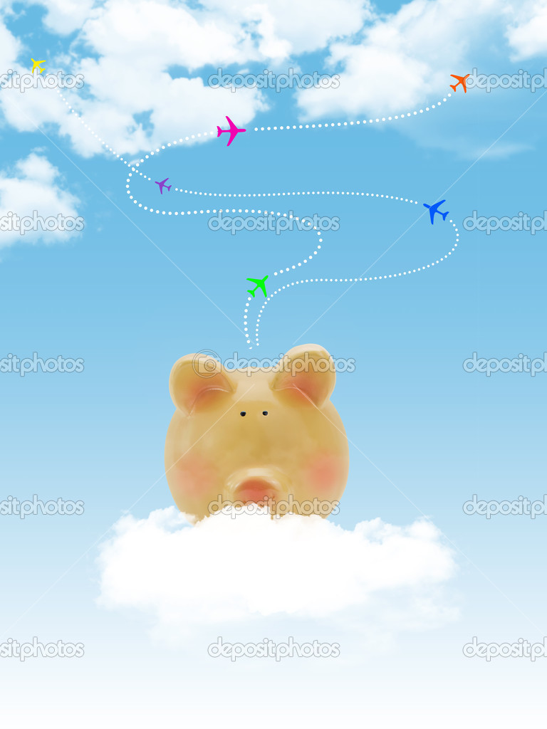 Piggy bank with blue sky and clouds and airplanes