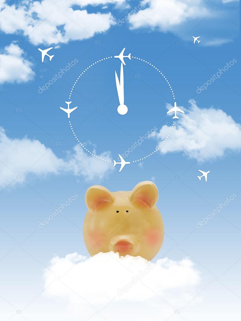 Piggy bank on cloud with clock and airplanes