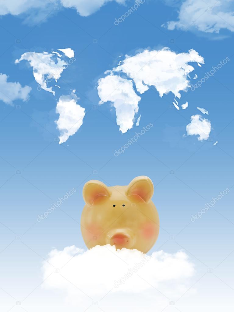 Piggy bank on cloud with world map shape clouds