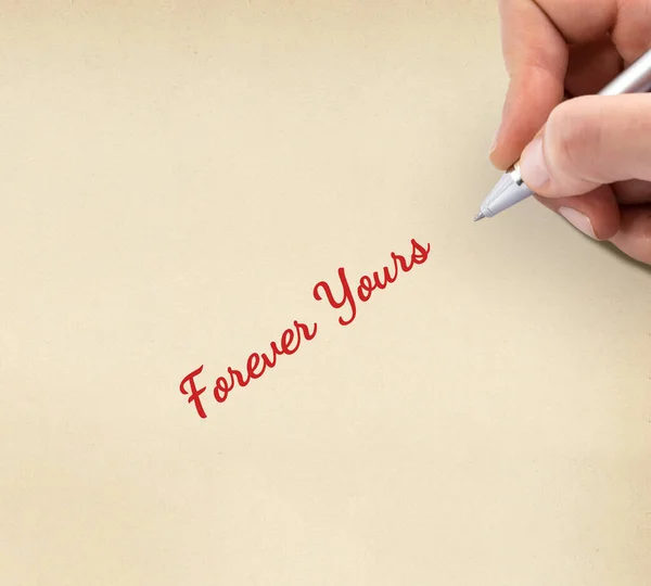 Mão Escrevendo Forever Yours Folha Papel Amarela — Fotografia de Stock