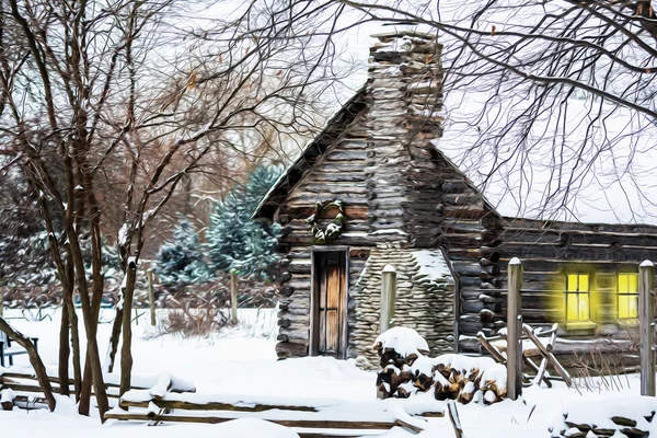 Verschneite Winter-Blockhütte — Stockfoto