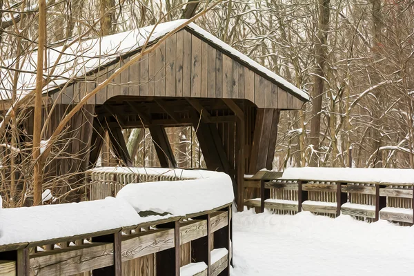 Besneeuwde winter overdekt bruggetje schilderij — Stockfoto