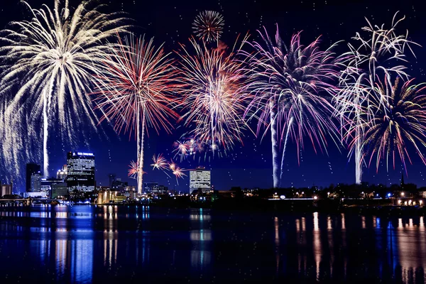 City Lights Skyline With Fireworks — Stock Photo, Image