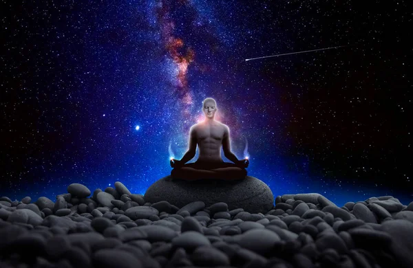 Mann Mit Yoga Pose Vor Dem Universum — Stockfoto