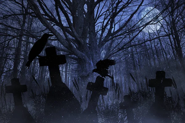 Panoramic Cemetery Raven Cross — Stock Photo, Image