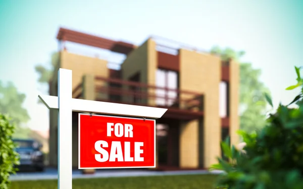 "Home For Sale" sign in front of new house. — Stock Photo, Image