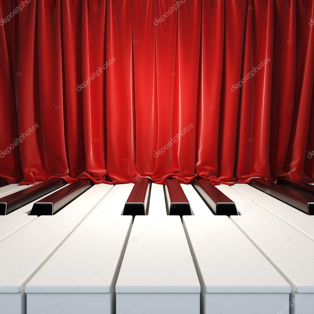 Piano Keys and red curtains.
