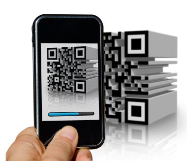 Mobile phone scanning a tridimensional barcode clipart