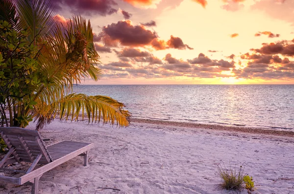 Empty beach chair in the tropical beach in the Maldives at sunset — Stock Photo, Image