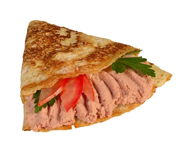 Pancake with meat paste and a tomato — Stock Photo, Image