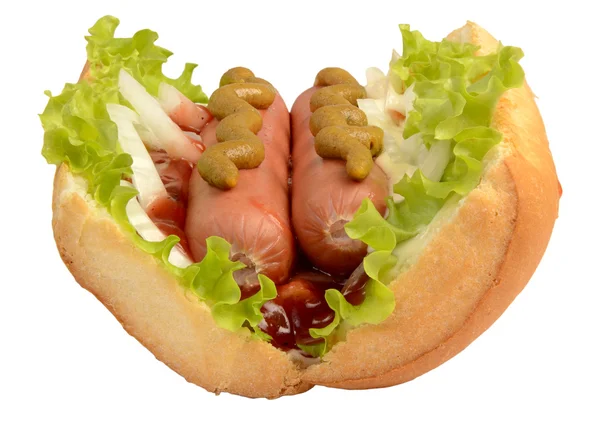 Hot dog with 2 sausage — Stock Photo, Image