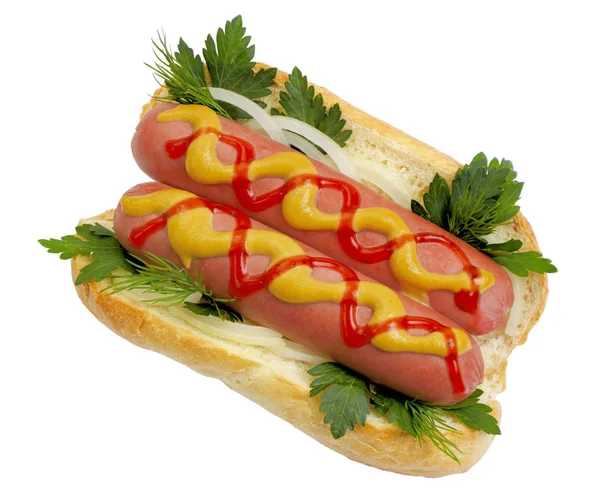 Hot Dog mit 2 Würstchen. — Stockfoto