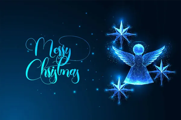 天使のシルエットとダークブルーに隔離された星の装飾とメリークリスマスデジタルグリーティングカードテンプレート — ストックベクタ