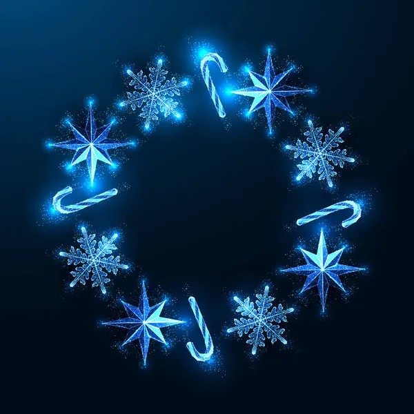 Christmas festive abstract wreath with glowing snowflakes, stars and candy canes on dark blue — Stock Vector