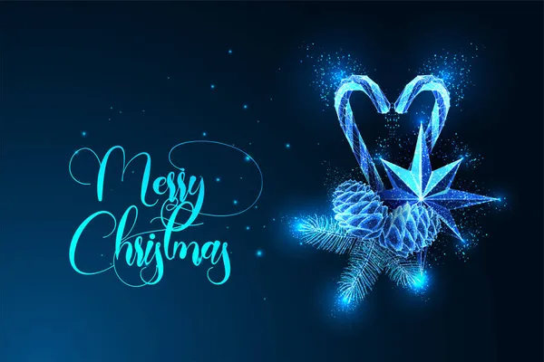 Vrolijk Kerstfeest digitale wenskaart sjabloon met snoepstokken, dennenappels, dennenappels en ster ornamenten — Stockvector