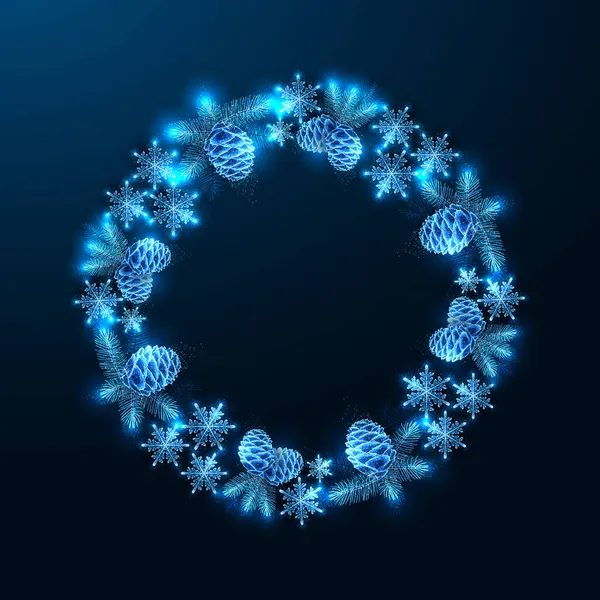 Corona abstracta festiva de Navidad con conos de pino brillante, copos de nieve, ramas de abeto en azul oscuro — Archivo Imágenes Vectoriales