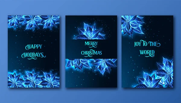 Elegant Christmas Poster set Template with Shining poinsettia flowers on dark blue — Stock Vector