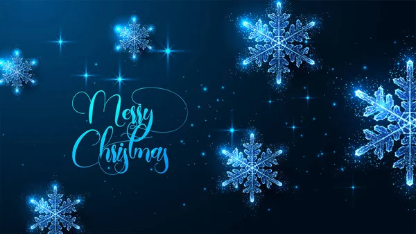 Abstract Merry Christmas digitale web banner sjabloon met gloeiende sneeuwvlokken op donkerblauwe achtergrond — Stockvector