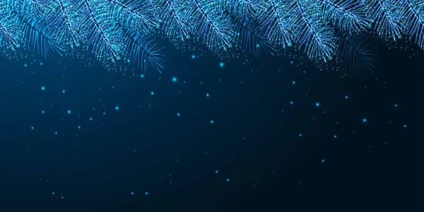 Abstract Christmas digital web banner template with glowing fir tree branches and copy space on dark blue — 스톡 벡터