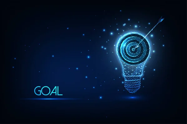 Futuristic goal, achievement concept with glowing low polygonal light bulb and target isolated on dark blue — Vetor de Stock