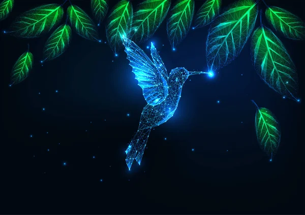 Futuristisch leuchtender niedriger polygonaler fliegender Kolibri im tropischen Wald auf dunkelblauem Grund — Stockvektor