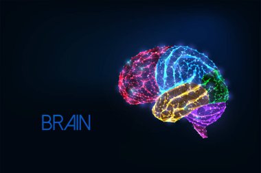 Futuristic glowing low polygonal colorful human brain with emphasized parts isolated on dark blue