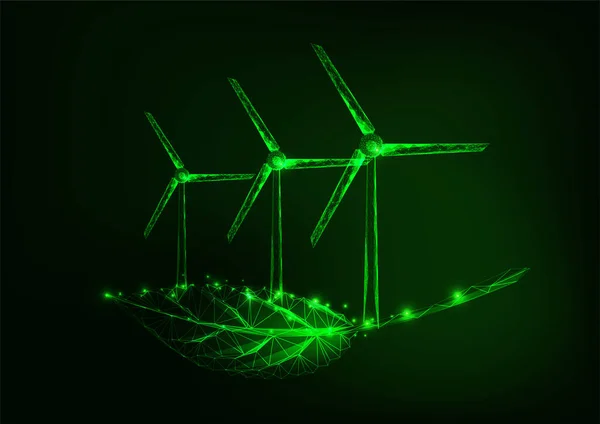 Futurystyczna zielona koncepcja zrównoważonej energii ze świecącymi niskimi wielokątnymi generatorami wiatrowymi oraz — Wektor stockowy