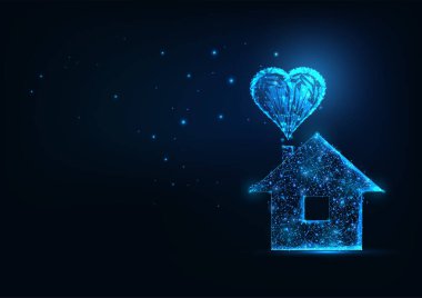 Parlayan düşük çokgen ev ikonu ve koyu mavi üzerine izole kalp ile gelecekteki evim tatlı evim konsepti