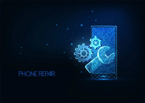 Futuristic phone repair service concept with glowing low polygonal smartphone, wrench and gear – stockvektor