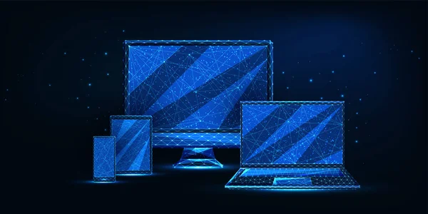 Conjunto futurista de monitor de computador, laptop, tablet, smartphone com estilo poligonal de baixo brilho — Vetor de Stock