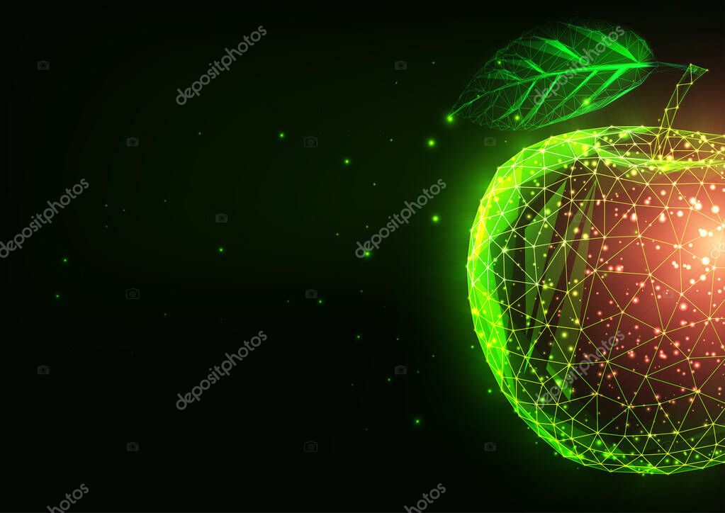 Abstract glowing low polygonal red and green apple isolated on dark green background. Futuristic biotechnology, food engineering concept. Modern wire frame mesh design vector illustration.