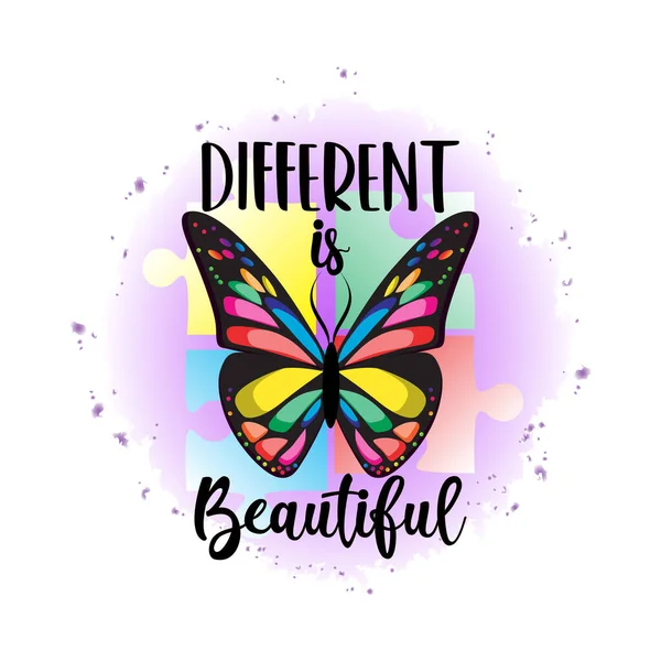 Autism awareness vector illustration. Colorful butterfly with text Different is Beautiful — Stock Vector