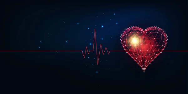 Concepto de pancarta de cardiograma futurista con brillante símbolo rojo poligonal bajo del corazón y lugar para el texto — Archivo Imágenes Vectoriales