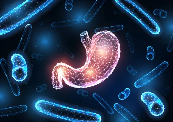 Infección estomacal futurista, concepto de gastroenteritis con estómago humano brillante y bacterias — Vector de stock