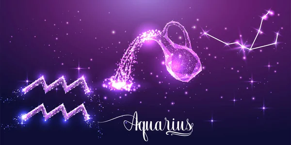 Signo zodiacal futurista de Acuario sobre fondo púrpura oscuro. Brillante vector de diseño poligonal bajo. — Vector de stock