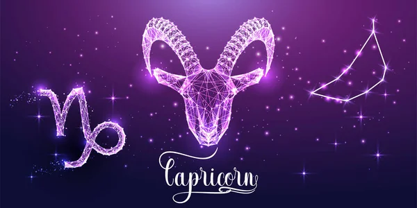 暗い紫色の背景に未来的なカプリコン星座.低ポリゴンデザインベクトルの作成. — ストックベクタ