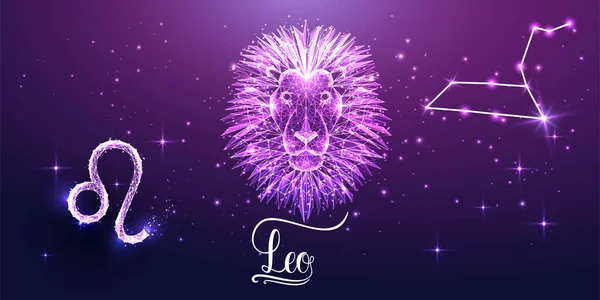 Futuristico segno zodiacale Leo su sfondo viola scuro. vettore di progettazione poligonale basso incandescente. — Vettoriale Stock